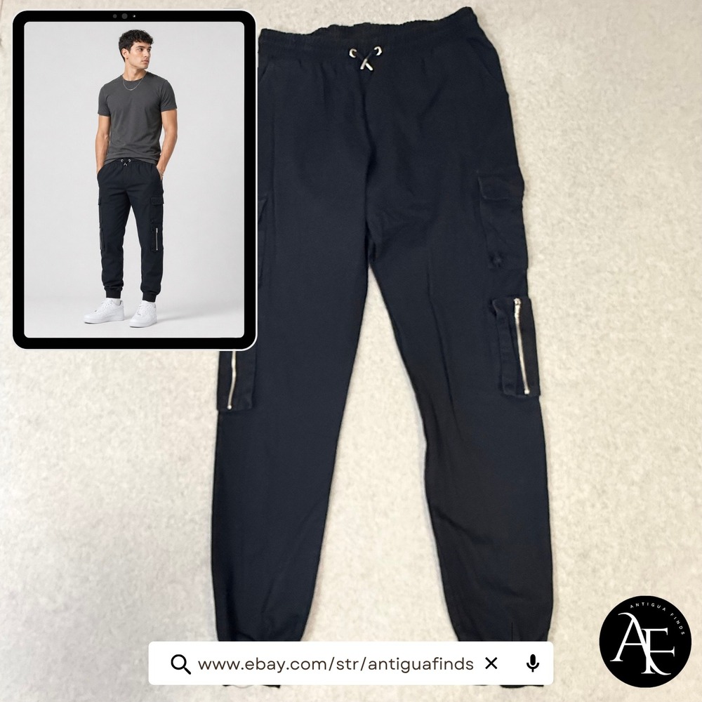 boohooMAN Mens XL Tall Black Cargo Jogger Pants Multi Pocket Streetwear Utility